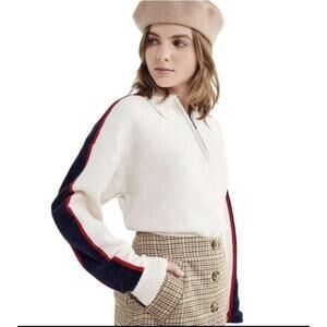 Urban Outfitters Size XS Ivory Juno Velour Sweater Stripe Trim 1/4 Zip Pullover